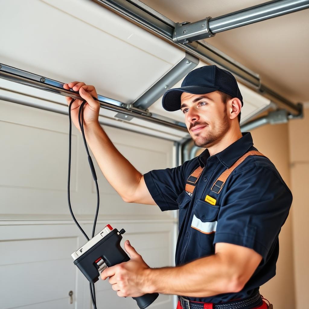Professional garage door technician repairing cables in Lowell NC
